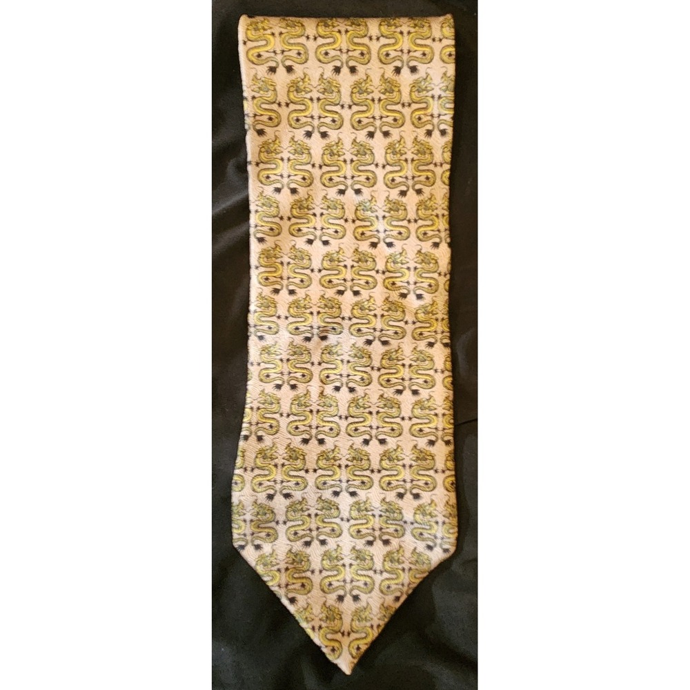 RM Style Necktie Mens OS Tan Dragon Repeat Silk Excellent Vintage Y2K Aesthetic